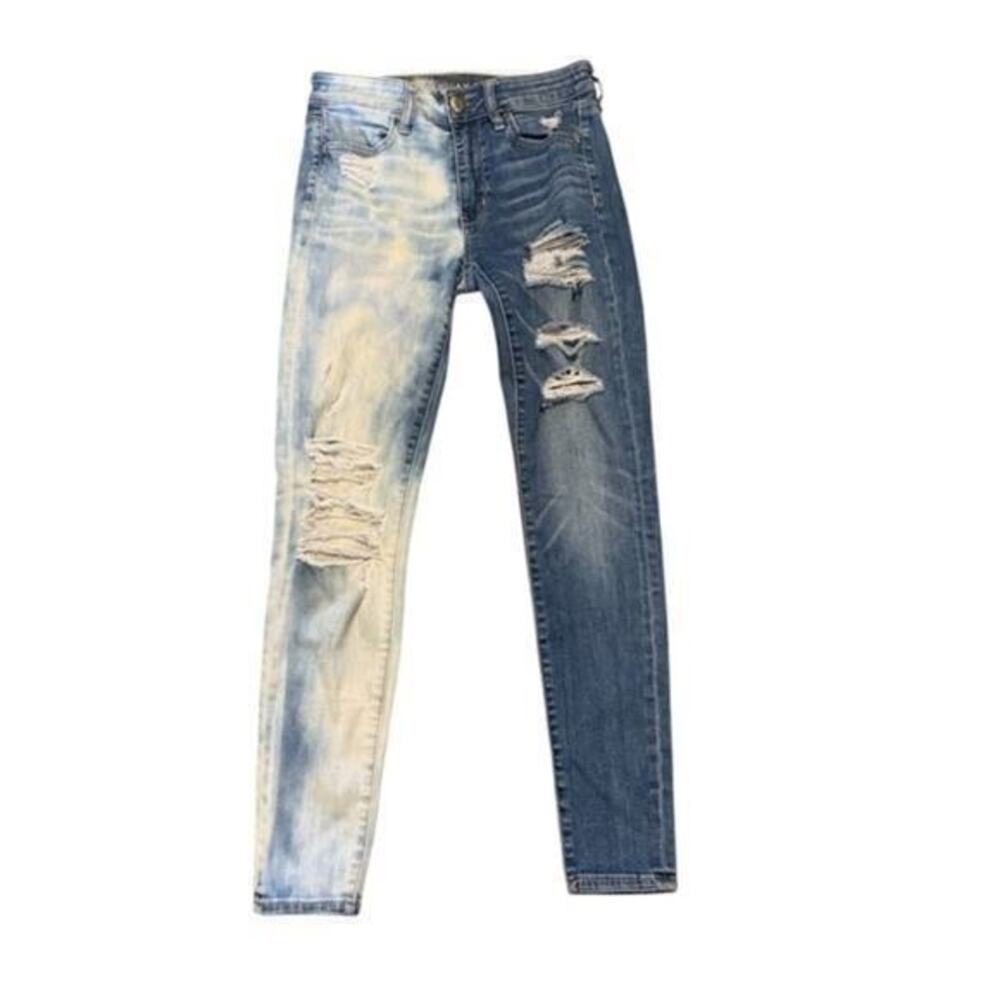 High rise blue bleach washed distressed skinny American eagle jeans